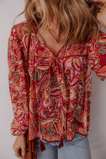 Load image into Gallery viewer, Multicolour Ethnic Paisley Print Tassel Tie Puff Sleeve Boho Blouse - Fashion Queen -  8

