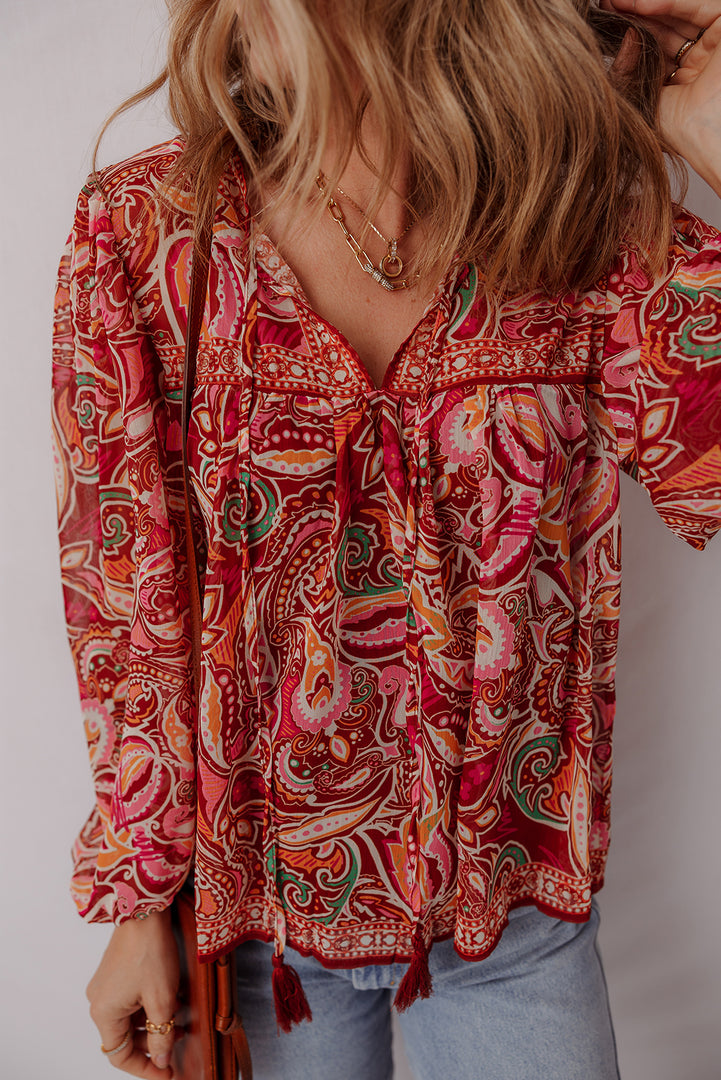 Multicolour Ethnic Paisley Print Tassel Tie Puff Sleeve Boho Blouse - Fashion Queen -  8
