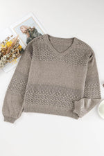 Load image into Gallery viewer, Black Eyelet Pattern Detail V Neck Drop Shoulder Sweater - Fashion Queen

