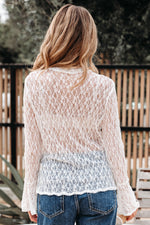Load image into Gallery viewer, White Sheer Lace Bell Sleeve Mock Neck Blouse

