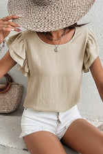 Load image into Gallery viewer, Beige Solid Color Ruffled Short Sleeve Casual Blouse
