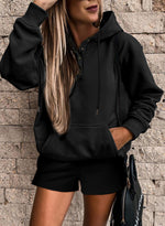 Load image into Gallery viewer, Black Button Drawstring Hooded Pullover and Casual Short Set
