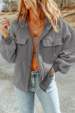 Load image into Gallery viewer, Black Flap Pocket Drawstring Hood Zip Up Jacket

