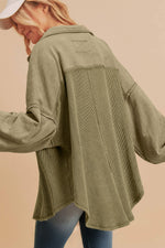 Load image into Gallery viewer, Moss Green Waffle Knit Patchwork Buttoned Oversized Shacket
