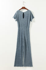 Load image into Gallery viewer, Mist Green Ribbed Keyhole Short Sleeve Wide Leg Jumpsuit - Fashion Queen -  15
