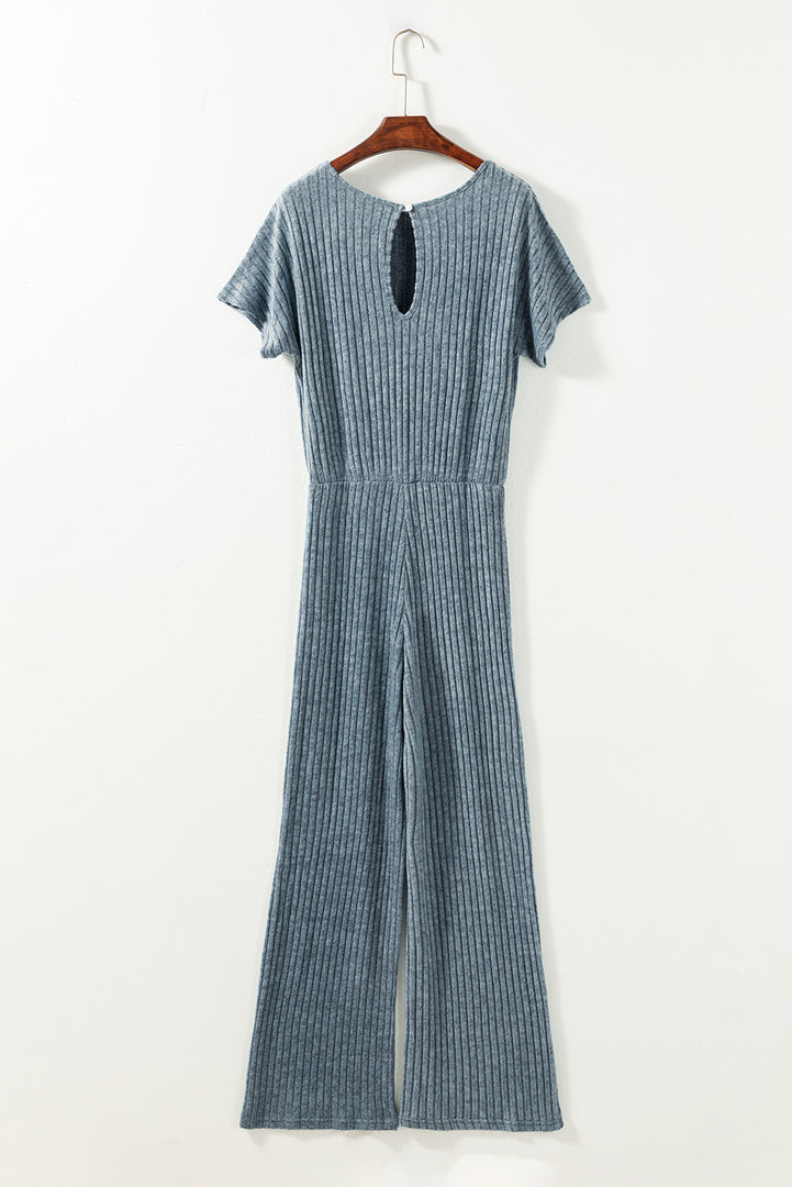 Mist Green Ribbed Keyhole Short Sleeve Wide Leg Jumpsuit - Fashion Queen -  15