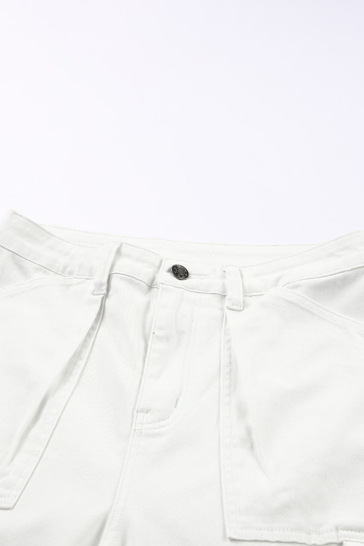 White High Waist Straight Leg Cargo Pants with Pockets