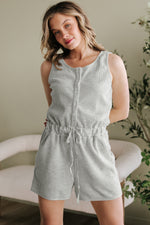 Load image into Gallery viewer, Light Grey Waffle Knit Sleeveless Buttoned Front Drawstring Waist Romper
