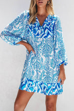 Load image into Gallery viewer, Rose Bohemian Print Puff Sleeve Tied V Neck Flared Mini Dress - Fashion Queen
