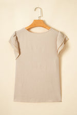 Load image into Gallery viewer, Beige Solid Color Ruffled Short Sleeve Casual Blouse
