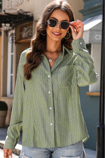 Load image into Gallery viewer, Green Stripe Button Up Oversized Casual Shirt - Fashion Queen -  5
