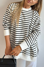 Load image into Gallery viewer, Black Stripe Raglan Sleeve Side Slits Loose Sweatshirt
