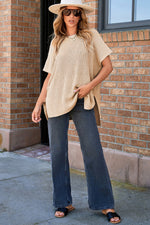 Load image into Gallery viewer, Apricot Short Sleeve Side Slit Oversized Sweater

