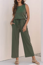 Load image into Gallery viewer, Vineyard Green Buttoned Drawstring Waist Sleeveless Wide Leg Jumpsuit
