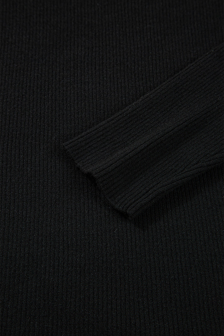 Black Ribbed Knit Cold Shoulder Sweater - Fashion Queen -  11