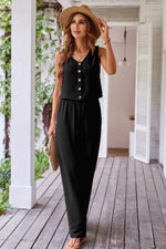 Load image into Gallery viewer, Black Buttoned Vest Drawstring Wide Leg Pants 2pcs Set
