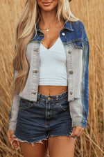 Load image into Gallery viewer, Dusk Blue Color Block Patchwork Flap Detail Distress Denim Jacket
