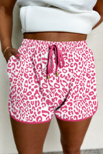Load image into Gallery viewer, Pink Leopard Elastic Waist Lace up Contrast Trim Casual Shorts
