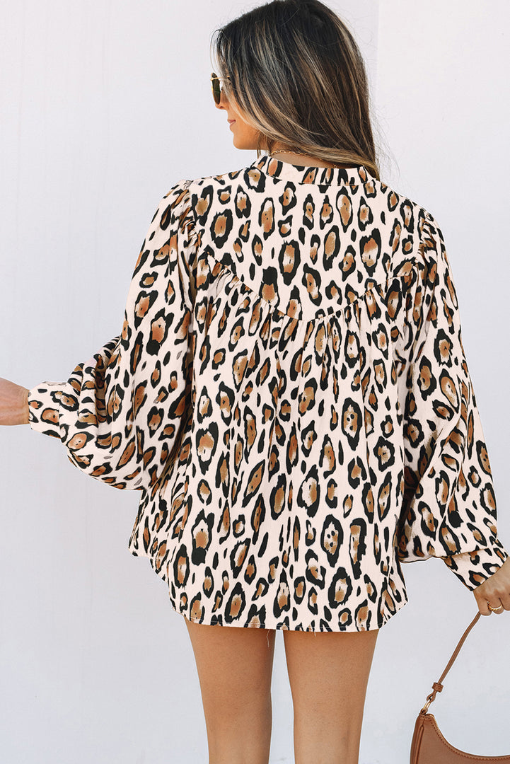 Rose Red Oversized Leopard Print Balloon Sleeve Casual Shirt