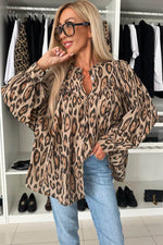 Load image into Gallery viewer, Rose Red Oversized Leopard Print Balloon Sleeve Casual Shirt - Fashion Queen
