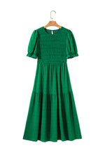 Load image into Gallery viewer, Sail Blue Solid Textured Smocked Puff Short Sleeve High Waist Long Dress
