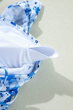 Load image into Gallery viewer, Blue Floral Ruffled Strap Lace-up Hollow Out One Piece Swimsuit - Fashion Queen
