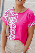 Load image into Gallery viewer, Black Half Leopard Patchwork Short Sleeves Top - Fashion Queen
