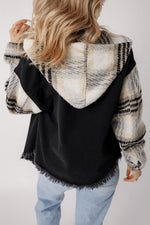 Load image into Gallery viewer, Black Plaid Sleeve Frayed Hem Hooded Denim Jacket
