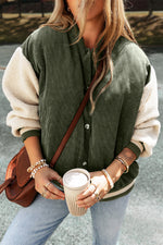 Load image into Gallery viewer, Mist Green Corduroy Fleece Patchwork Buttoned Bomber Jacket

