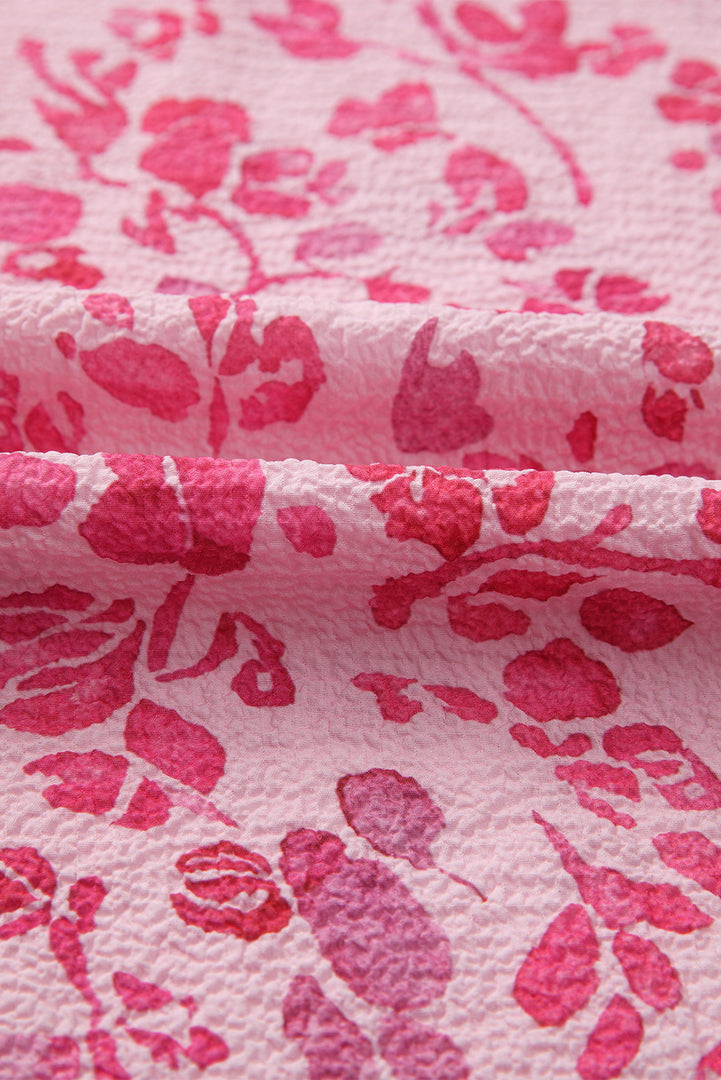 Pink Floral Puff Sleeve Split Neck Lightweight Blouse