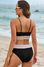 Load image into Gallery viewer, Black Striped Patchwork Spaghetti Strap High Waist Bikini Swimsuit - Fashion Queen
