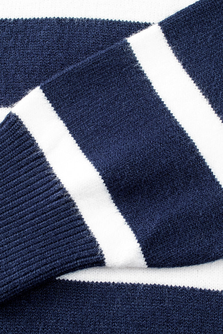 Blue Striped O-ring Zip Collared Loose Sweater Mini Dress - Fashion Queen -  18