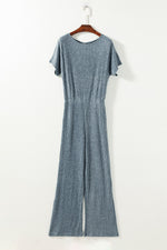 Load image into Gallery viewer, Mist Green Ribbed Keyhole Short Sleeve Wide Leg Jumpsuit - Fashion Queen -  14
