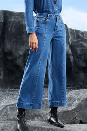 Dark Blue Plain Seam Detail Flared Bottom Ankle Length Jeans - Fashion Queen -  2