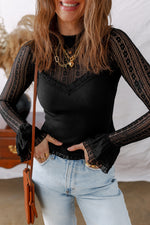 Load image into Gallery viewer, Black Lace Patchwork Flounce Sleeve Slim Fit Top
