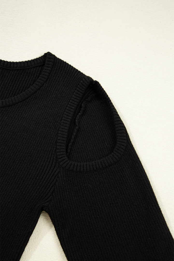 Black Ribbed Knit Cold Shoulder Sweater - Fashion Queen -  9