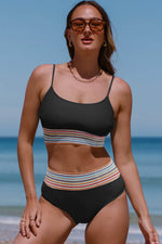 Load image into Gallery viewer, Black Striped Patchwork Spaghetti Strap High Waist Bikini Swimsuit - Fashion Queen
