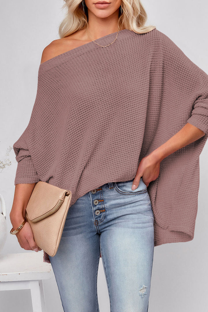 Casual Waffle Knit Eyelet Long Sleeve Blouse - Fashion Queen -  1