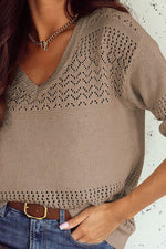 Load image into Gallery viewer, Black Eyelet Pattern Detail V Neck Drop Shoulder Sweater - Fashion Queen
