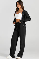 Load image into Gallery viewer, Black Double Zipper Hooded Jacket and Sweatpants Active Set

