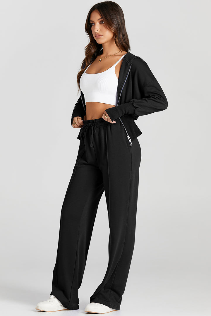 Black Double Zipper Hooded Jacket and Sweatpants Active Set