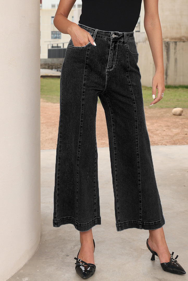 Dark Blue Plain Seam Detail Flared Bottom Ankle Length Jeans - Fashion Queen -  29