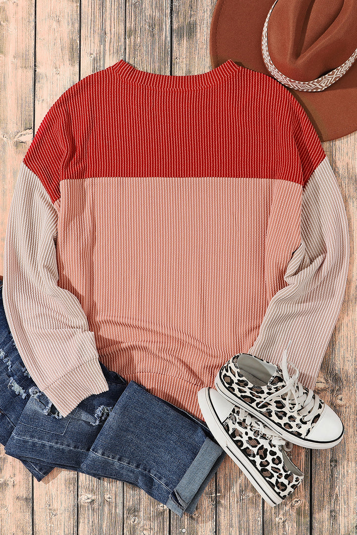 Multicolor Color Block Long Sleeve Ribbed Loose Top