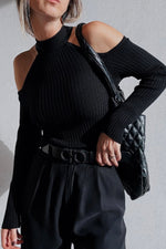 Load image into Gallery viewer, Black Ribbed Knit Cold Shoulder Choker Neck Sweater - Fashion Queen -  2
