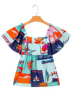 Load image into Gallery viewer, Sky Blue Tropical Printed Square Neck Flutter Sleeve Babydoll Blouse
