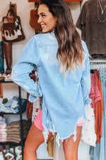 Load image into Gallery viewer, Sky Blue Light Wash Distressed Frayed Long Denim Jacket
