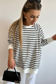 Black Stripe Raglan Sleeve Side Slits Loose Sweatshirt - Fashion Queen -  2