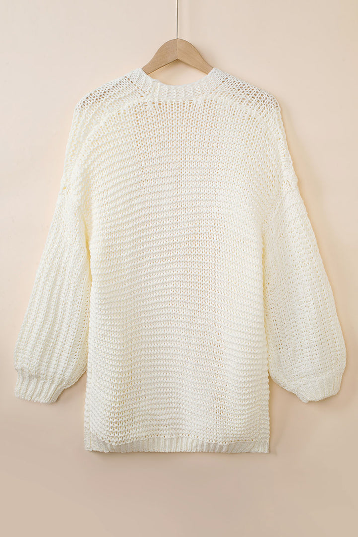 White Chunky Oversize Knit Drop Shoulder Puff Sleeve Cardigan