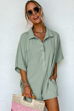Load image into Gallery viewer, Spinach Green Half Button Collared Loose Romper
