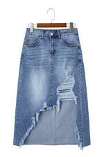 Load image into Gallery viewer, Myosotis Irregular Distressed Bottom Denim Midi Skirt
